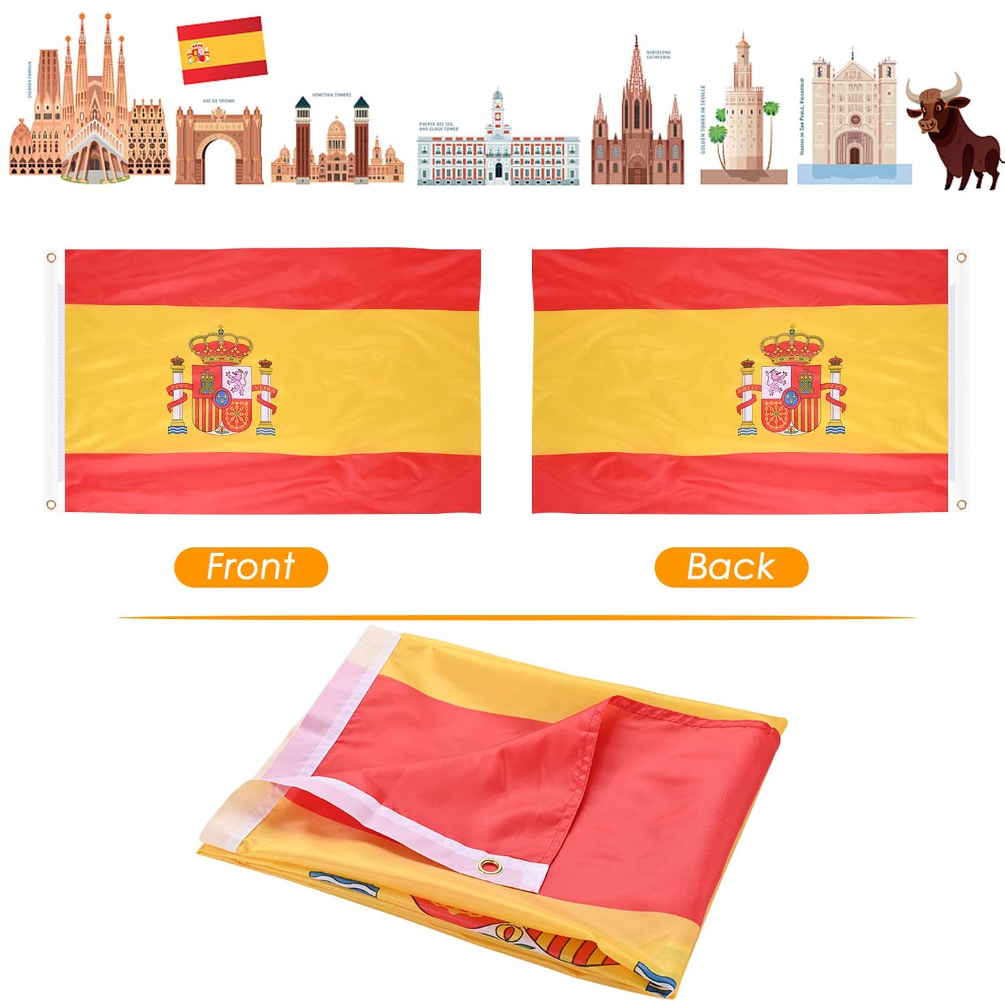 Spain Flag Spanish Flag 3X5 Ft, Large Spain National Flags - Double Side with Brass Eyelets for Spanish Party Decorations, Bar Garden Street Decoration Indoor Outdoor